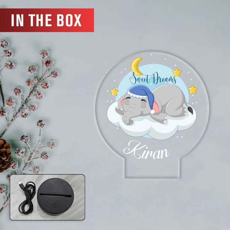 Personalized Sweet Dreams Elephant LED Night Light with Color Changing Nursery Decor with Moon and Stars Theme Bedside Kids Room Desk Table Lamp